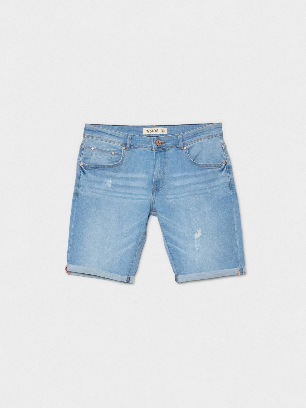  Ripped washed effect denim bermuda short blue front view