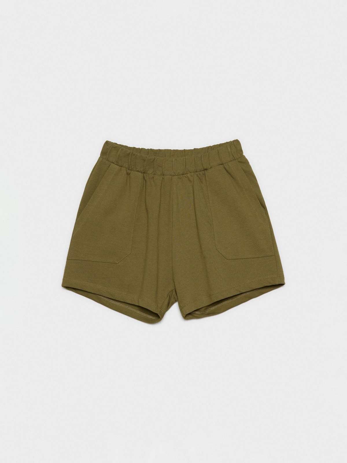  Shorts de cintura elástica com bolsos verde oliva vista frontal