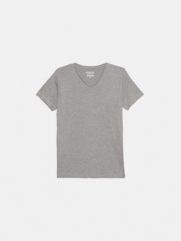  T-shirt básica com decote em V cinza vista frontal