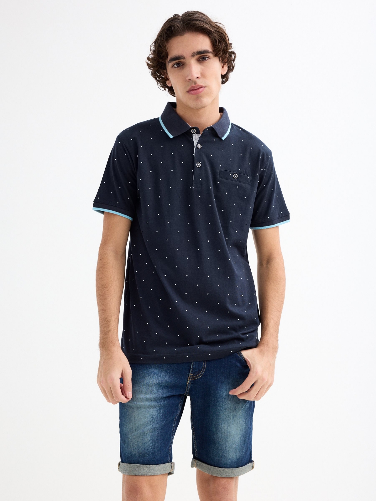 Miniprint printed polo shirt navy middle front view