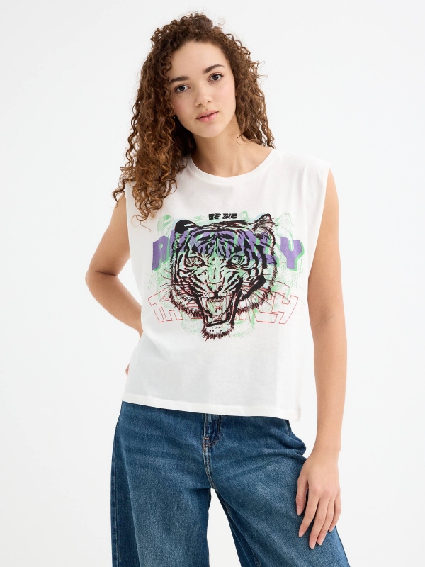 Camiseta tigre sin mangas blanco roto vista media frontal