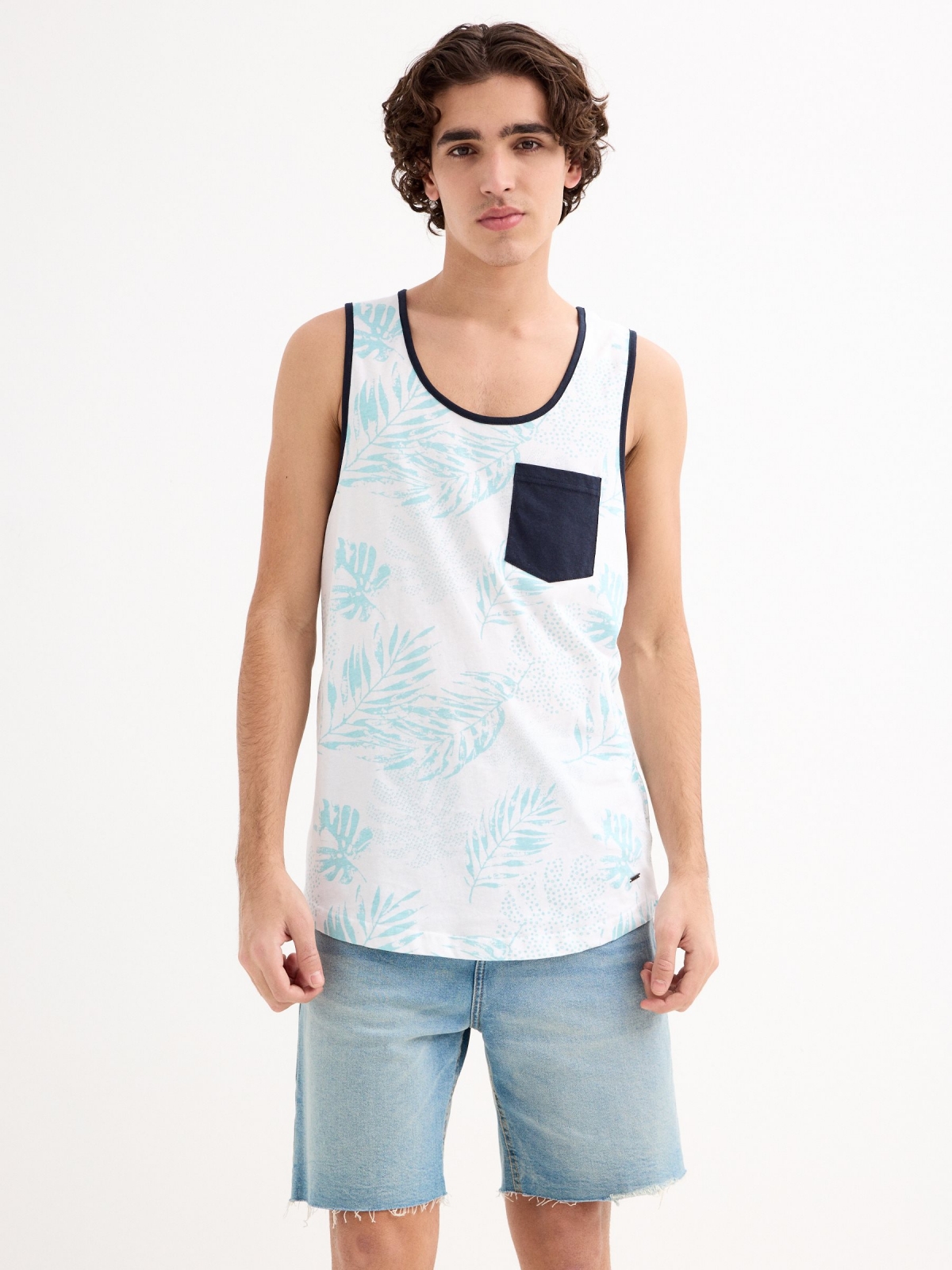 Tropical tank top with pocket white middle front view