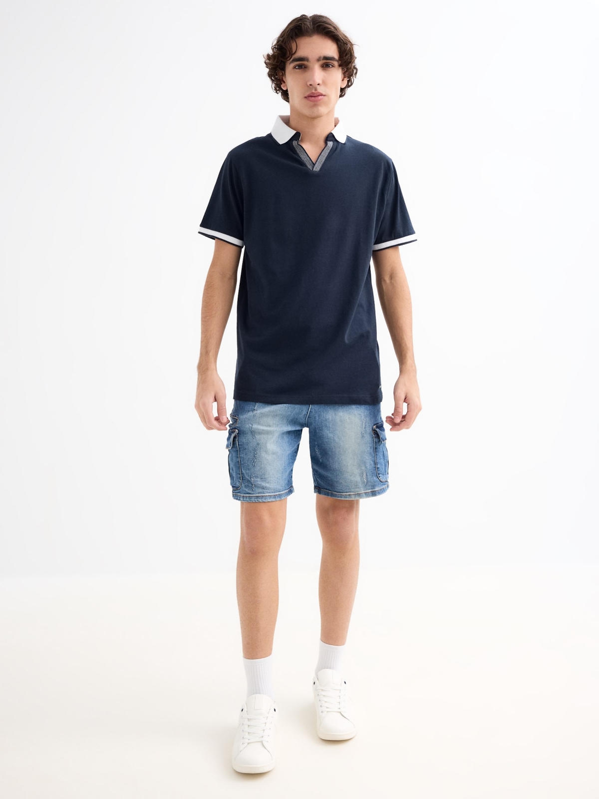 Distressed effect denim cargo shorts blue general front view