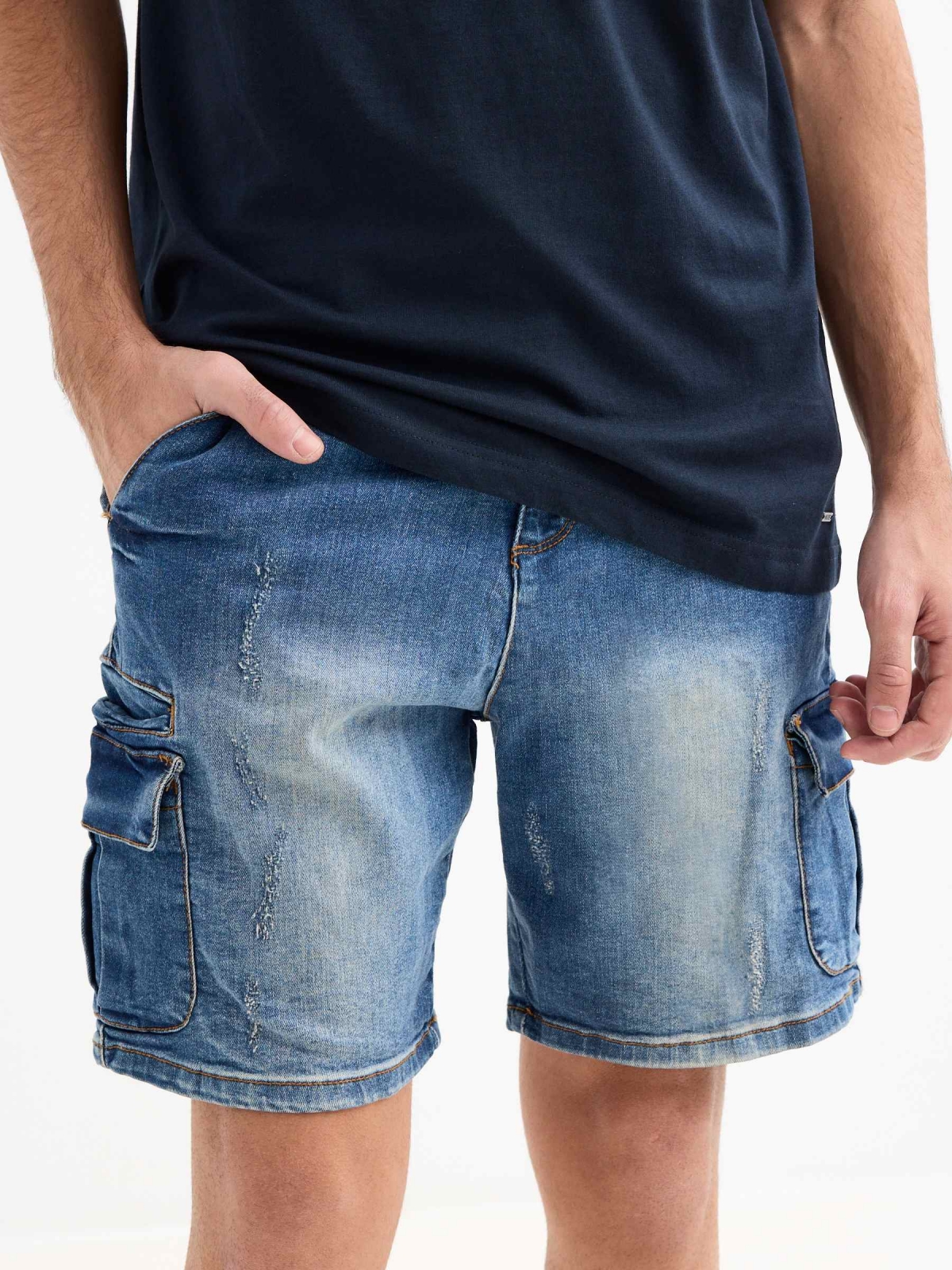 Distressed effect denim cargo shorts blue front detail view