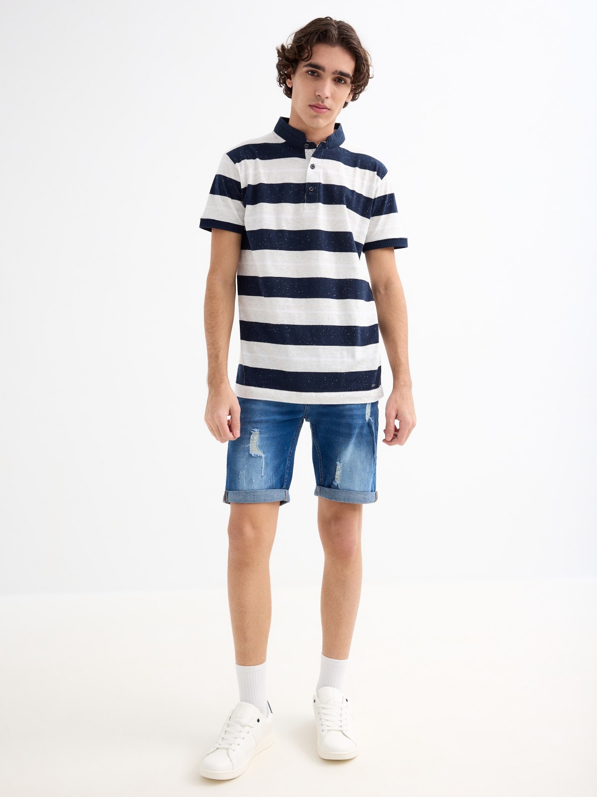 Mao woven striped polo shirt navy general front view