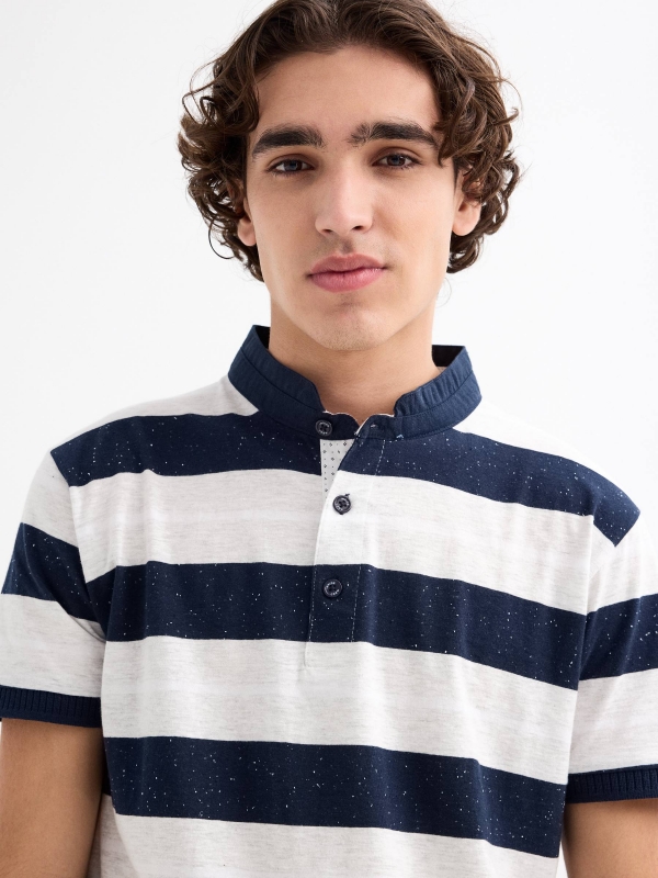 Mao woven striped polo shirt navy detail view