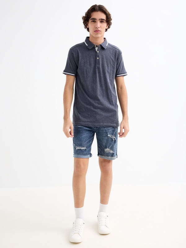 Ripped slim denim Bermuda shorts blue general front view