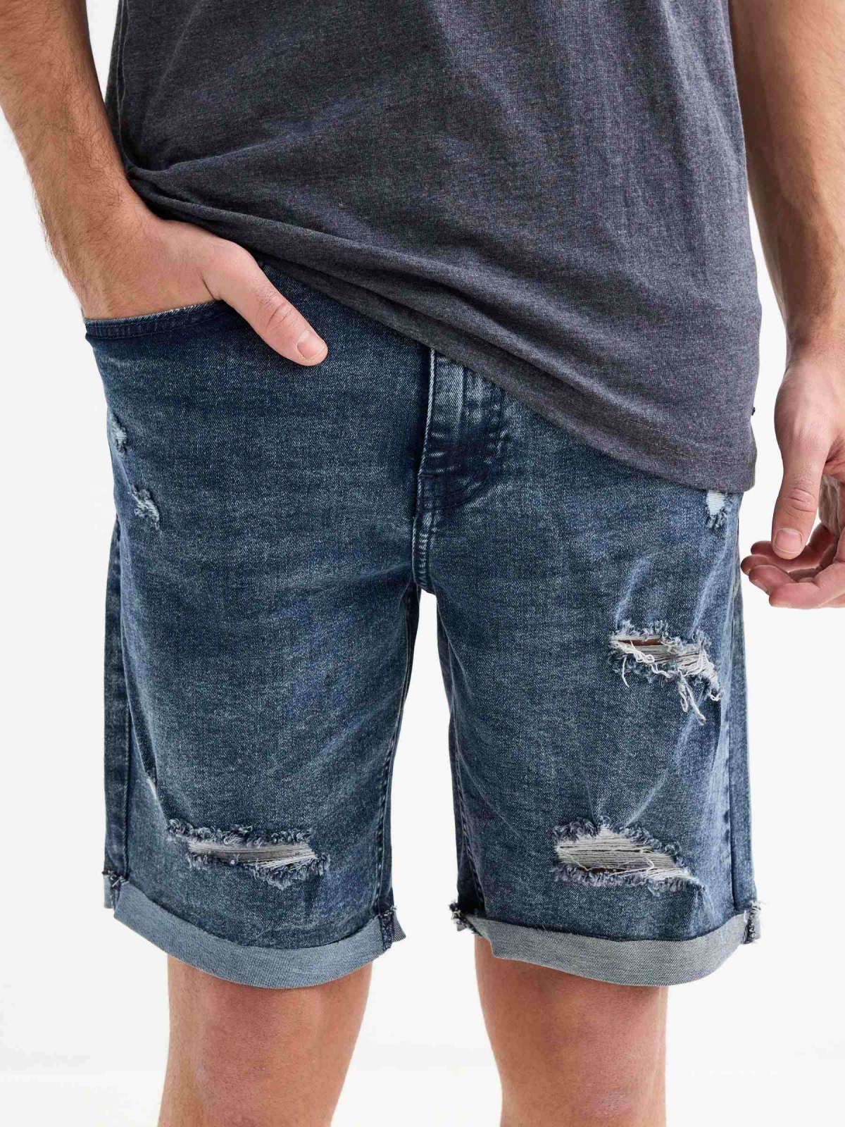 Ripped slim denim Bermuda shorts blue front detail view