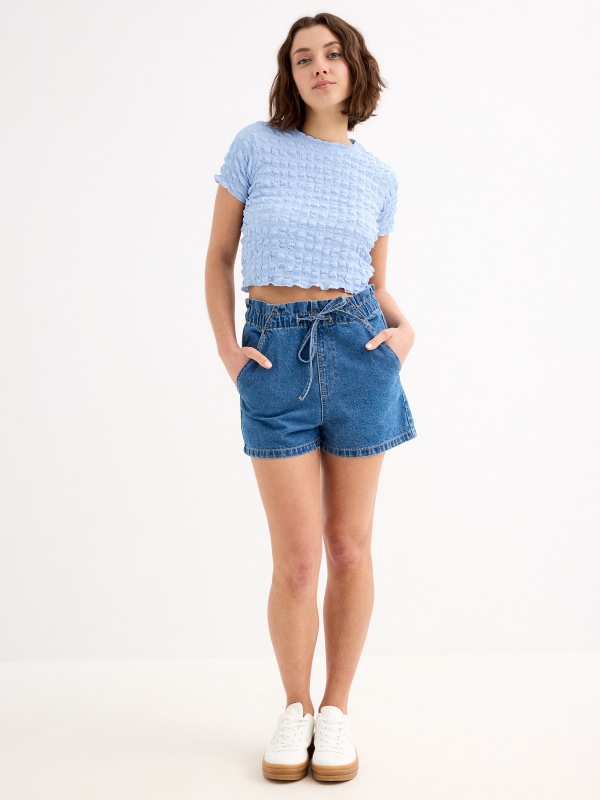 Baggy denim shorts with elastic waist dark blue general front view