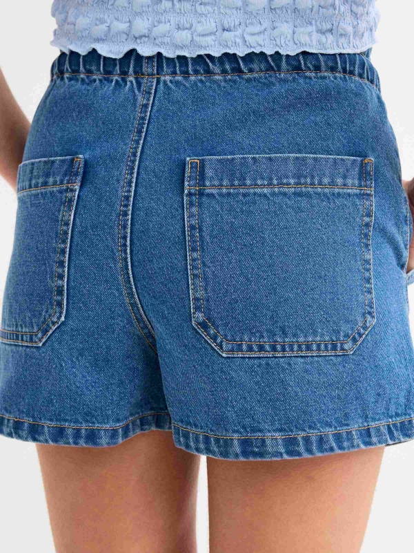 Baggy denim shorts with elastic waist dark blue back detail view