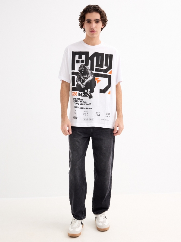 Camiseta oversized print japonés blanco vista general frontal