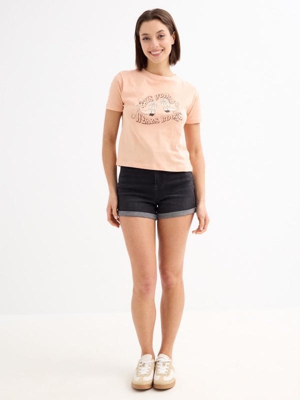 Wears Boots T-shirt peach general front view