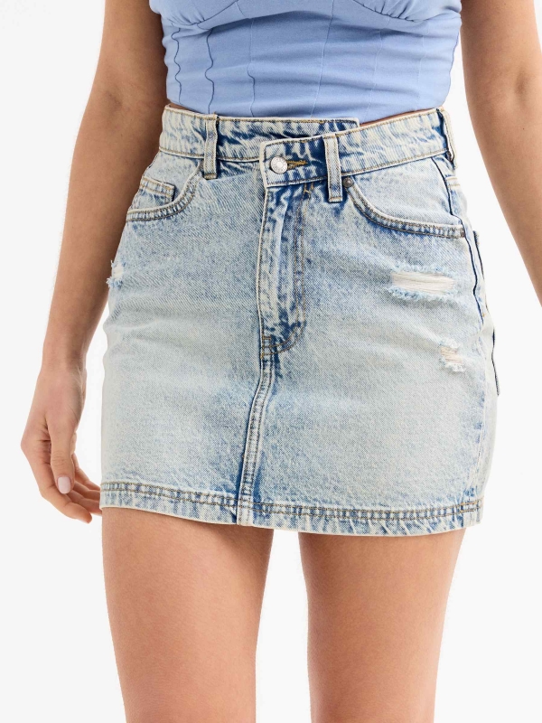 Ripped denim mini skirt blue front detail view