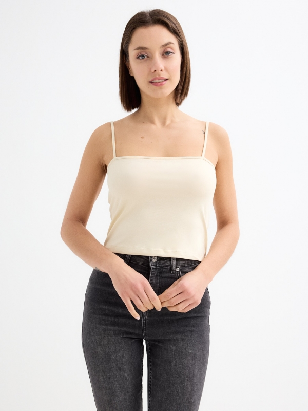 Crop top de alças básicas areia vista meia frontal