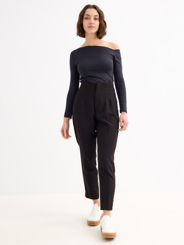 High-waisted pleated trousers black general front view