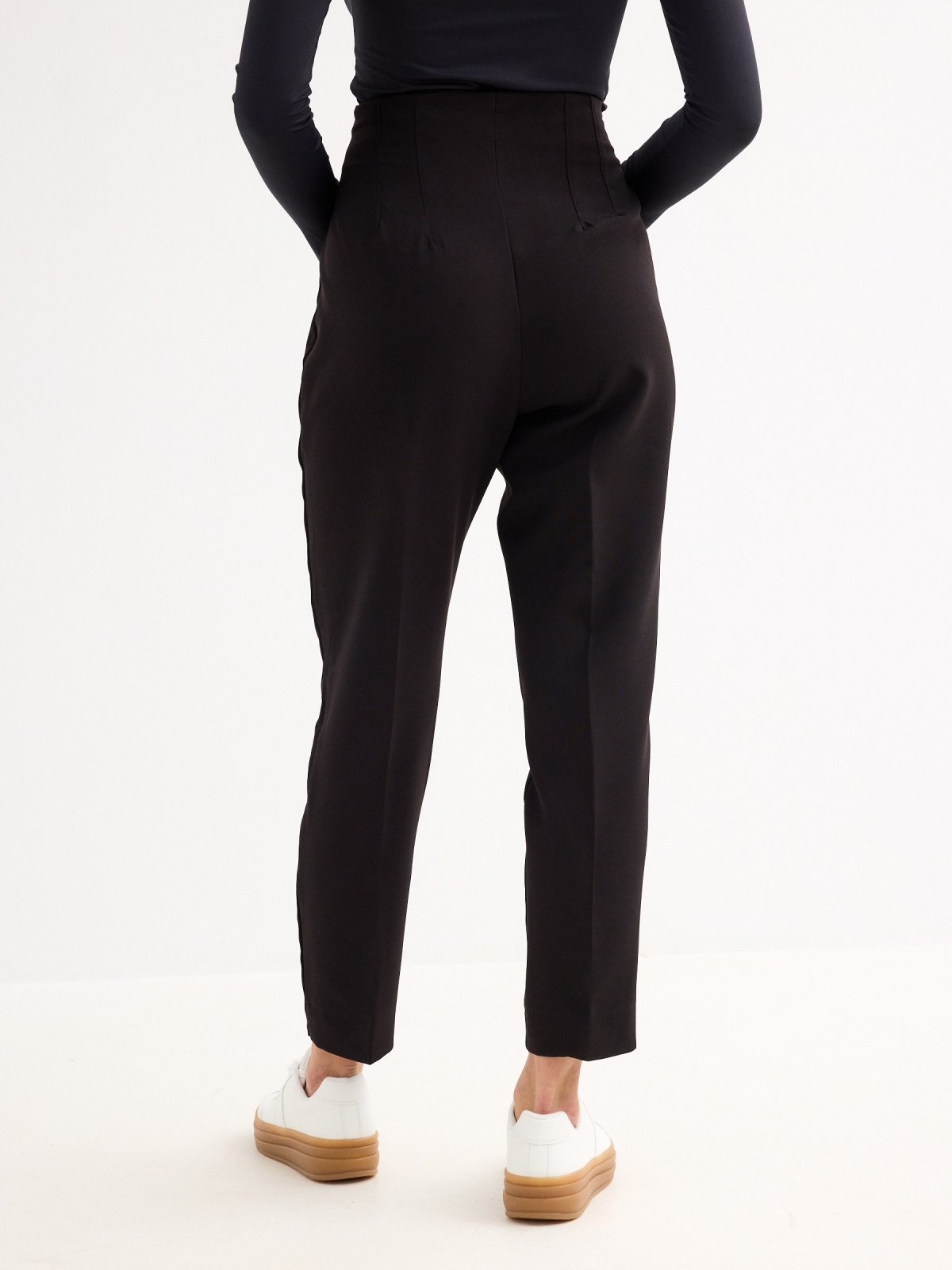 High-waisted pleated trousers black middle back view