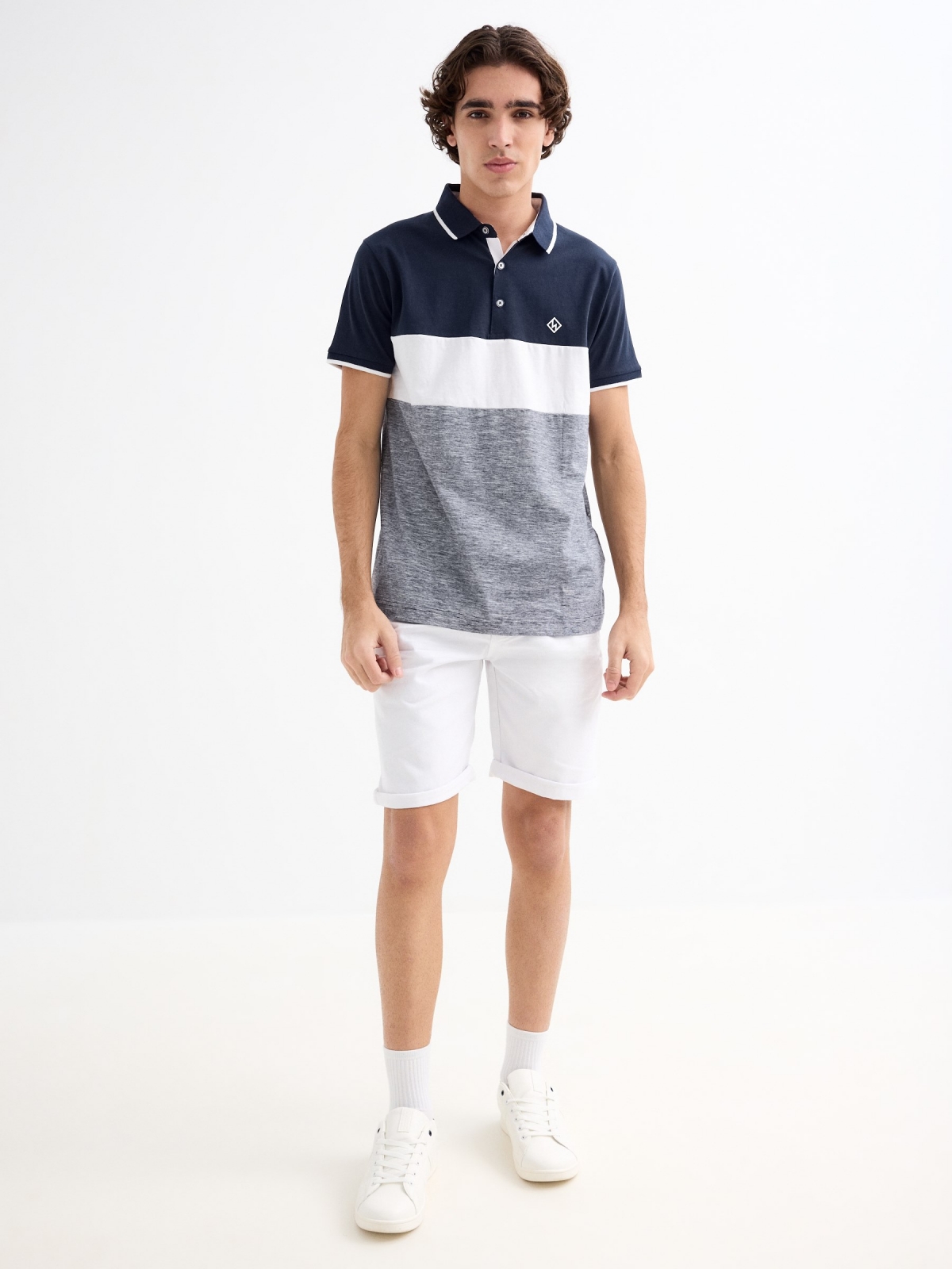 Sailor colour block polo shirt navy general front view