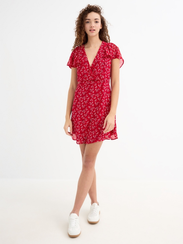 Crossed V-neck flower sundress red general front view