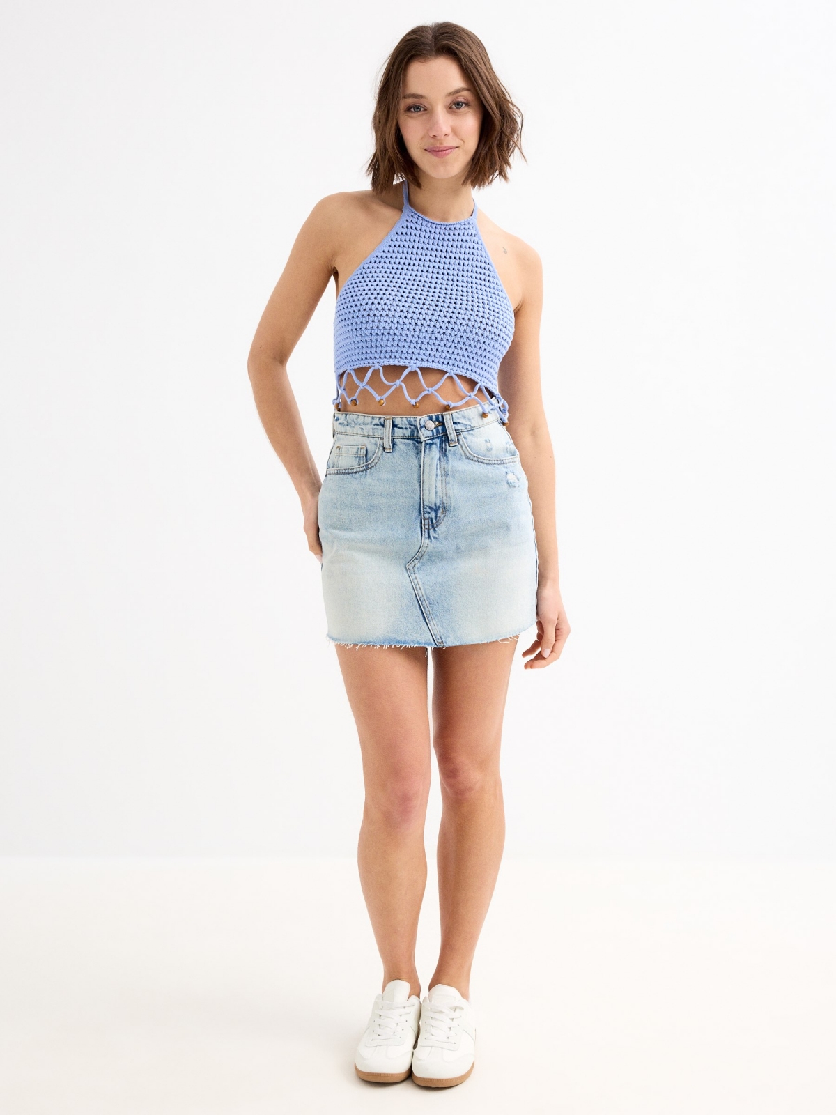 Classic denim mini skirt light blue general front view