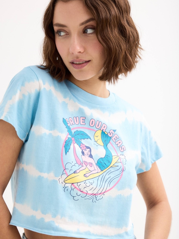 Tie dye surfing mermaid t-shirt blue detail view