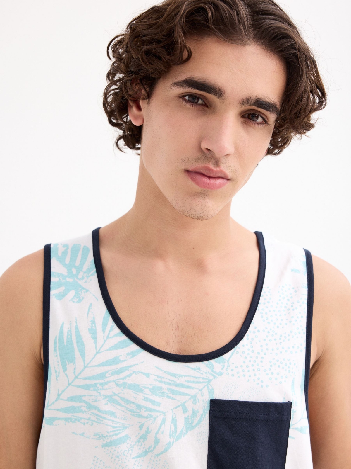 Tropical tank top with pocket white detail view