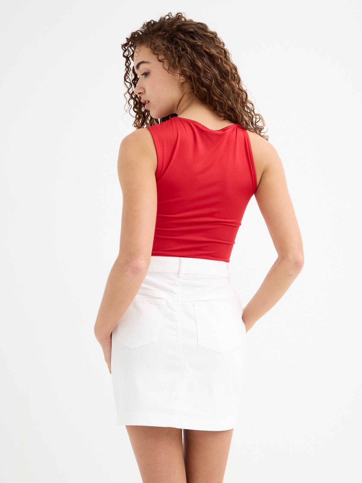 Cut out neck top red middle back view