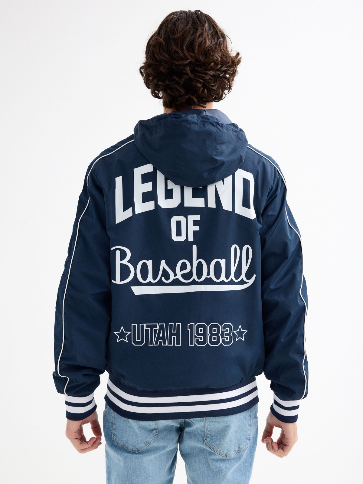 Jacket with hood navy middle back view