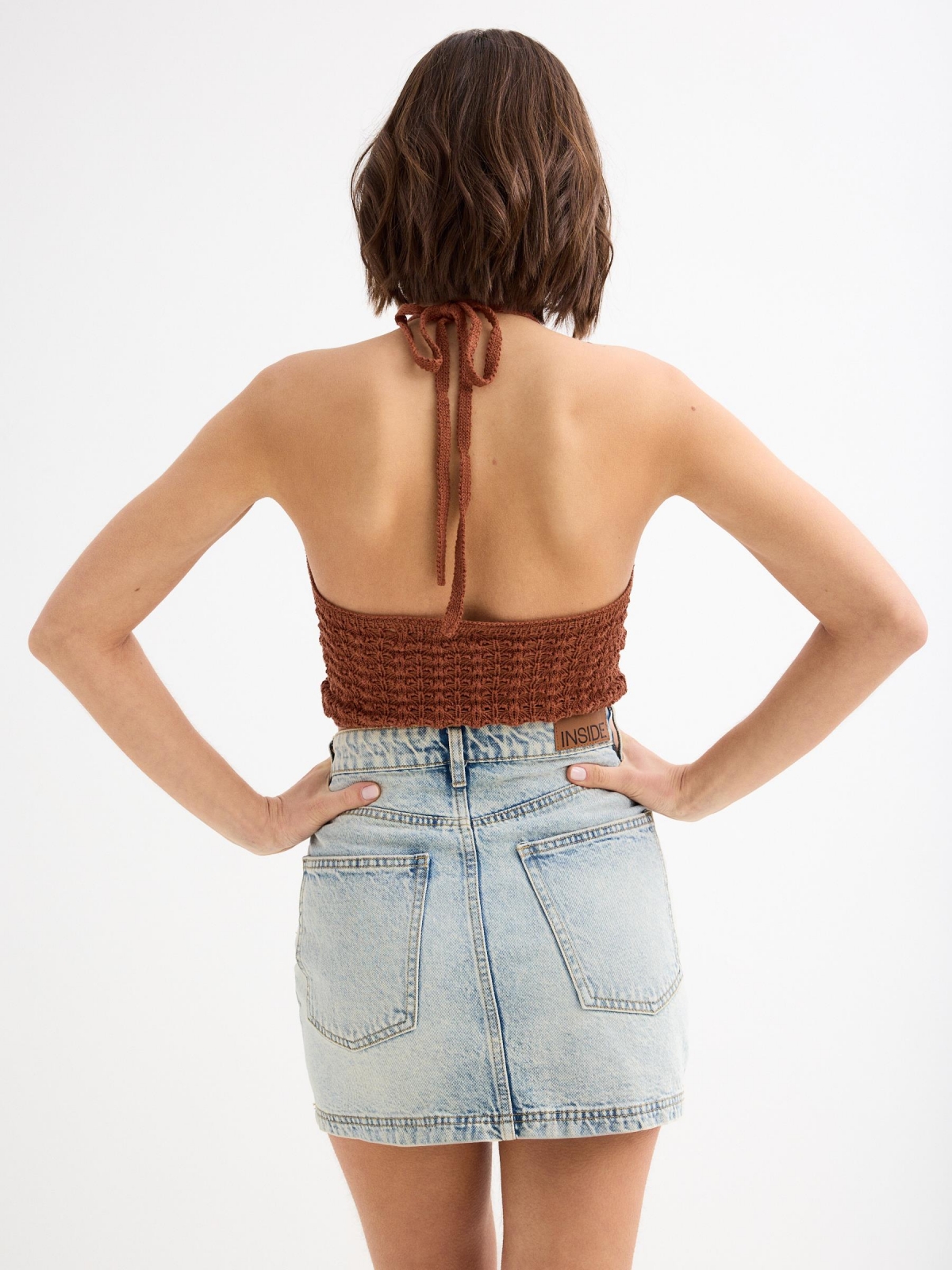 Crochet knotted top brown middle back view