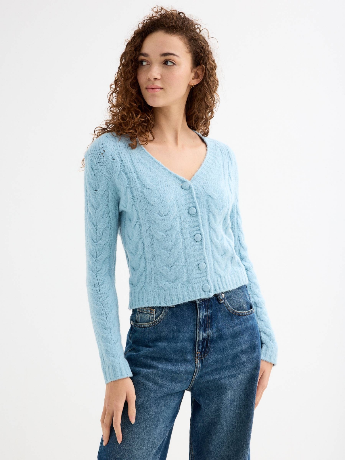 Blue braided slim cardigan cyan middle front view