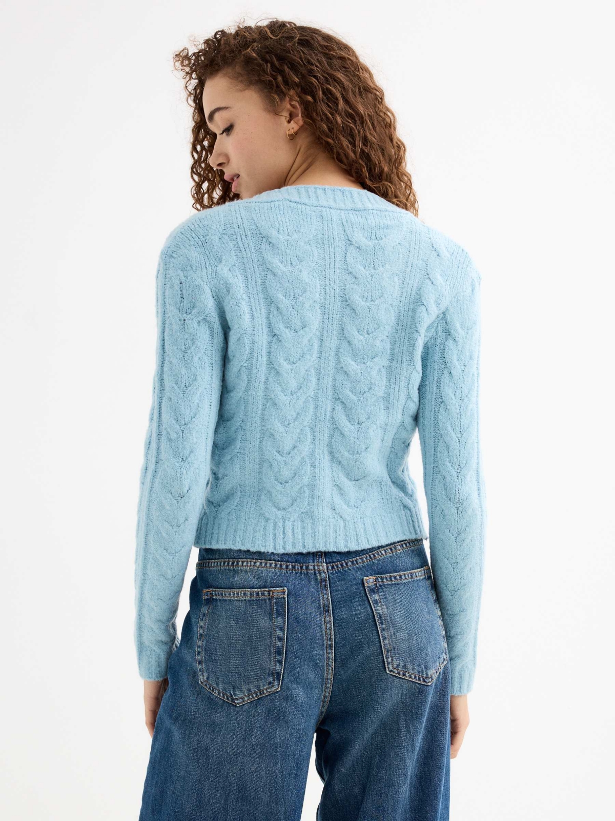 Blue braided slim cardigan cyan middle back view