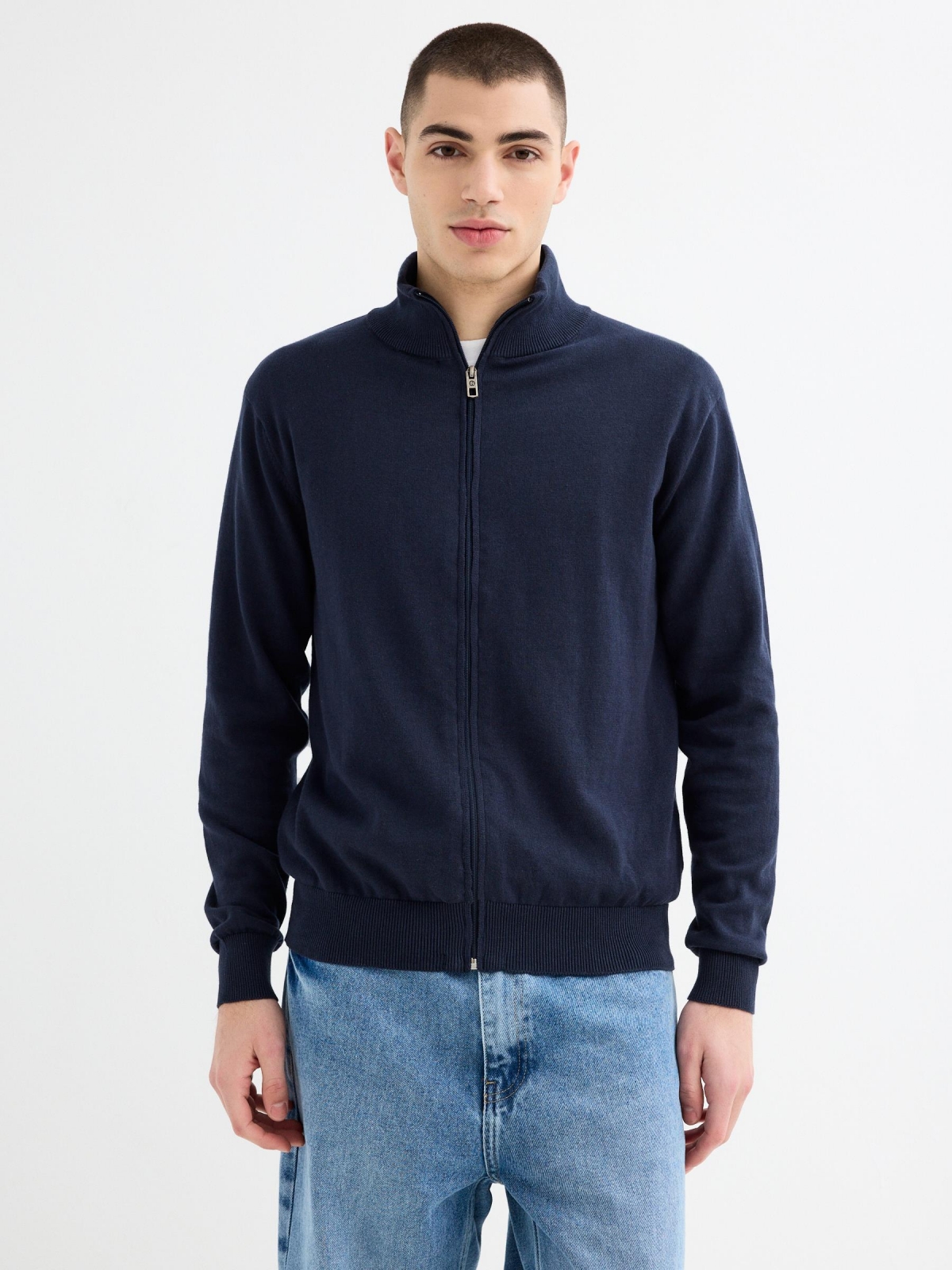 Cardigan turtleneck zip blue navy middle front view