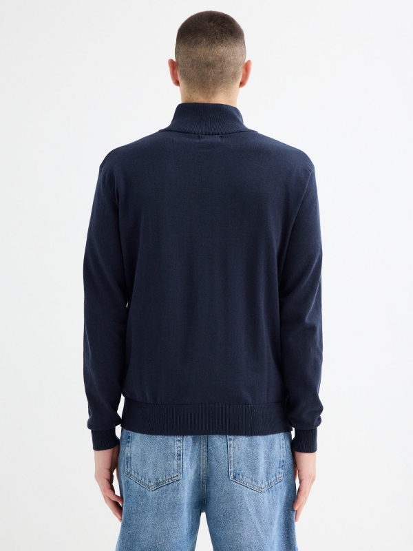 Cardigan turtleneck zip blue navy middle back view