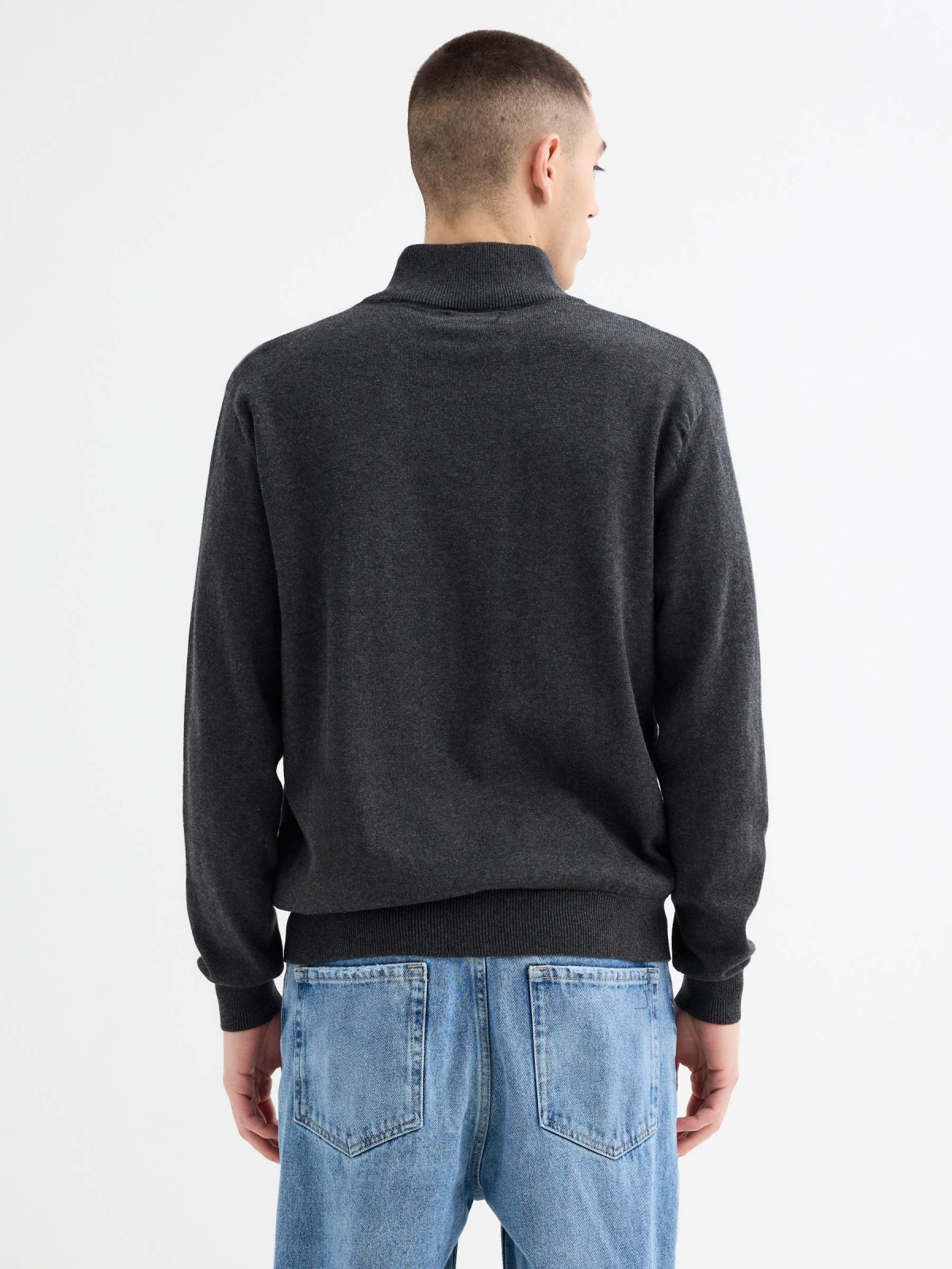 Cardigan turtleneck zip blue dark grey middle back view