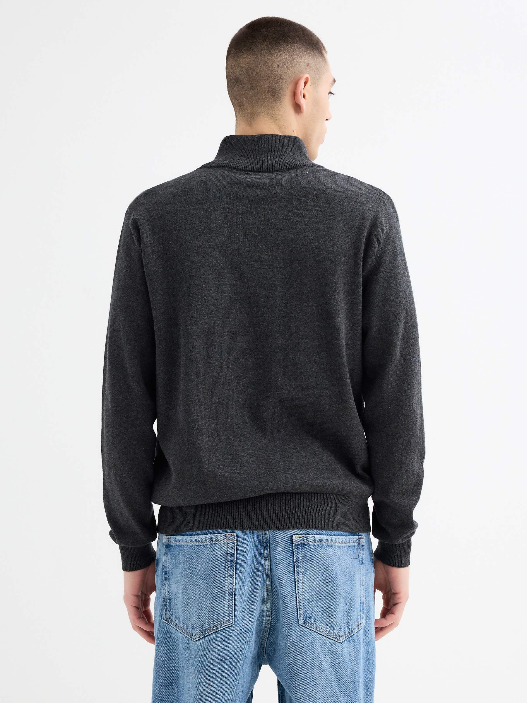 Cardigan turtleneck zip blue dark grey middle front view