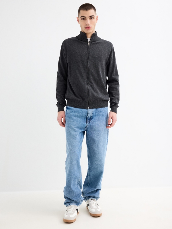 Cardigan turtleneck zip blue dark grey general front view