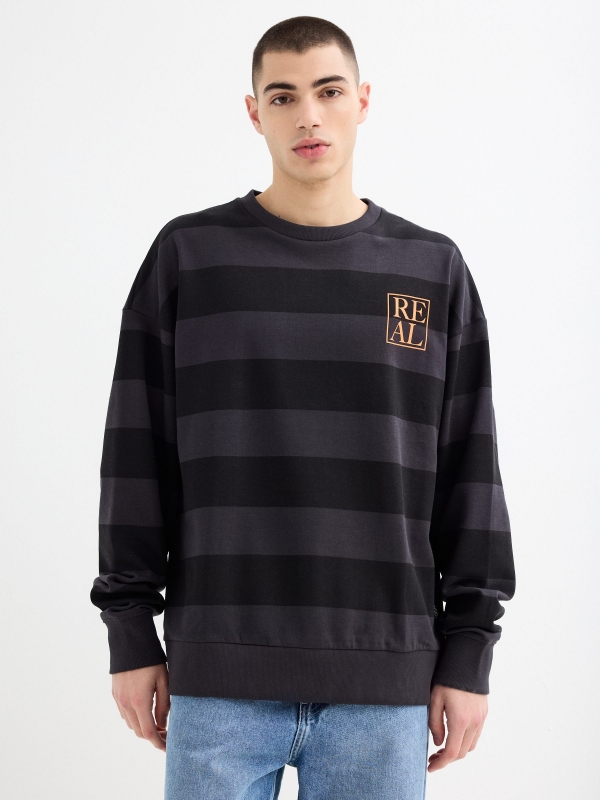 Real striped crewneck sweatshirt dark grey middle front view