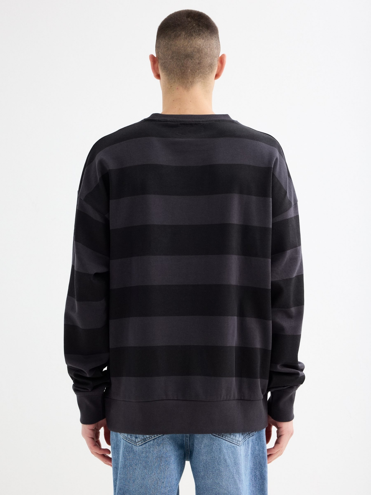 Real striped crewneck sweatshirt dark grey middle back view