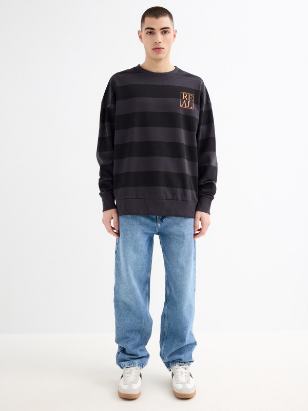 Real striped crewneck sweatshirt dark grey general front view