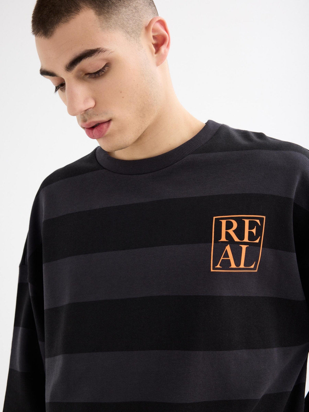 Real striped crewneck sweatshirt dark grey detail view