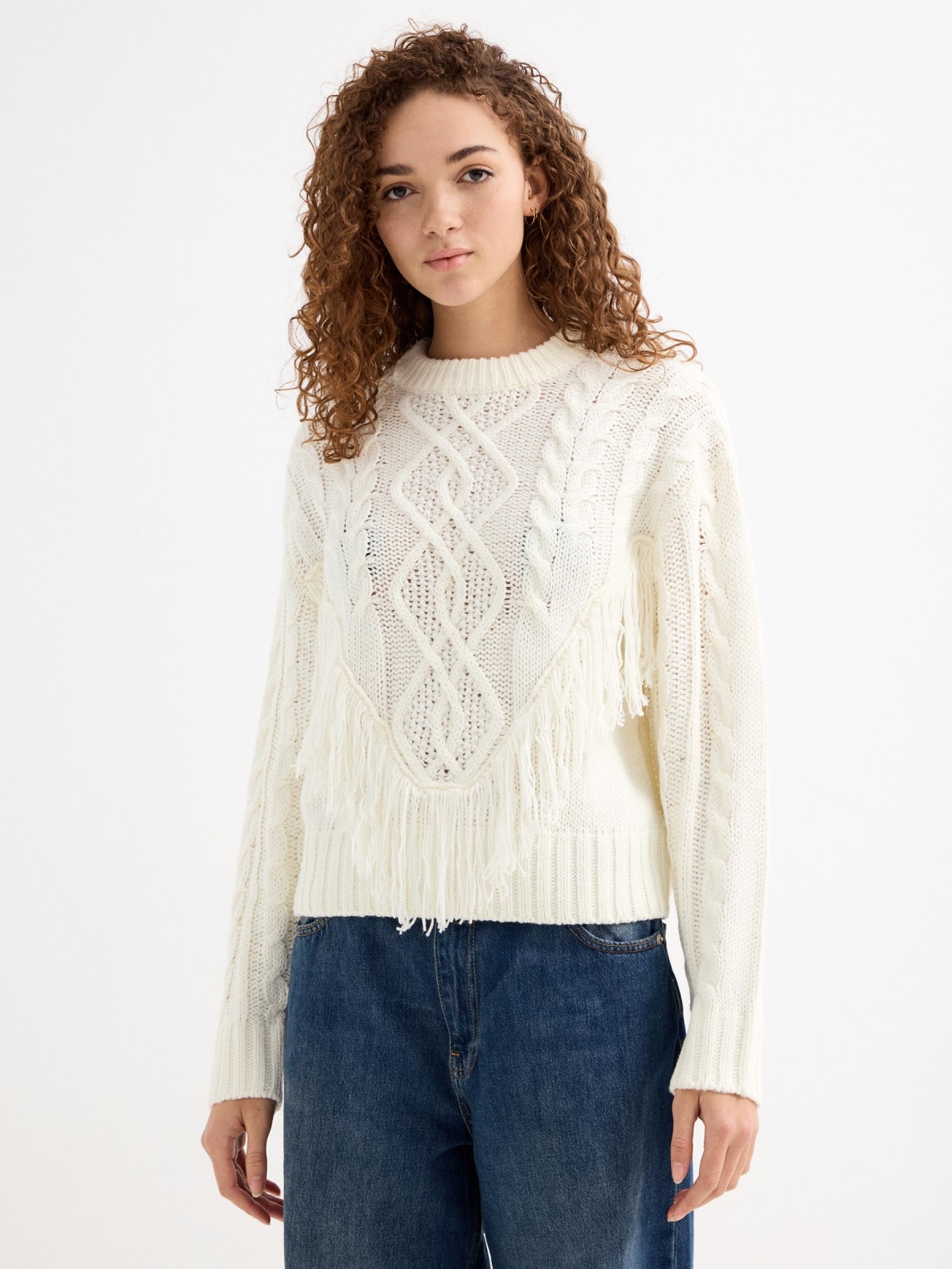 Knit sweater with fringes off white middle front view