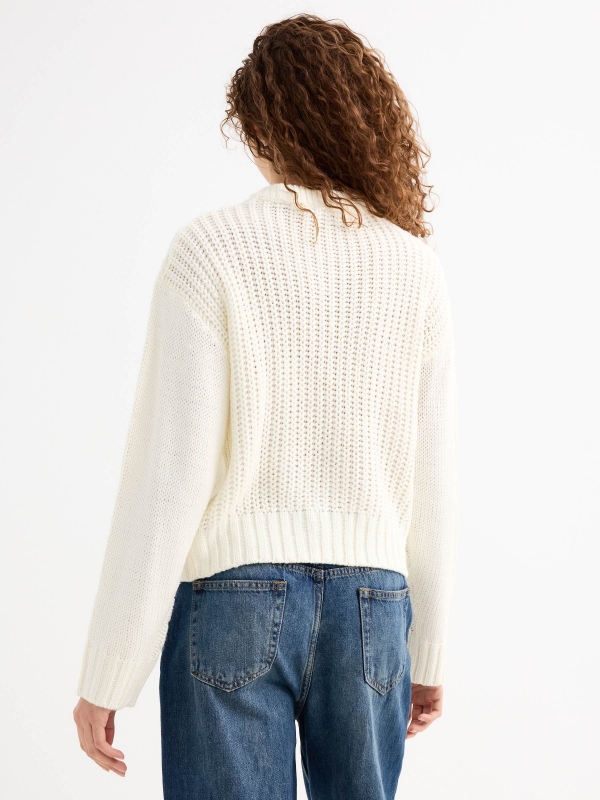 Knit sweater with fringes off white middle back view