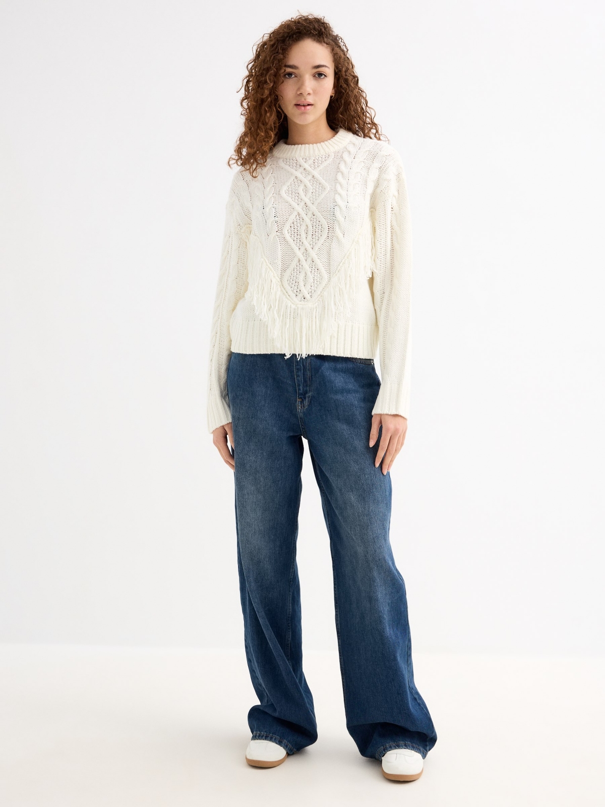 Knit sweater with fringes off white general front view