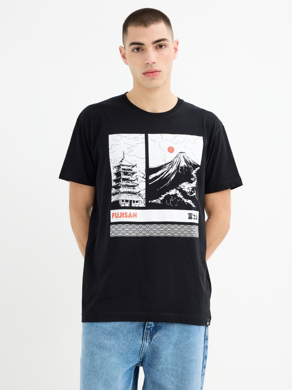 Camiseta manga corta estampado oriental negro vista media frontal