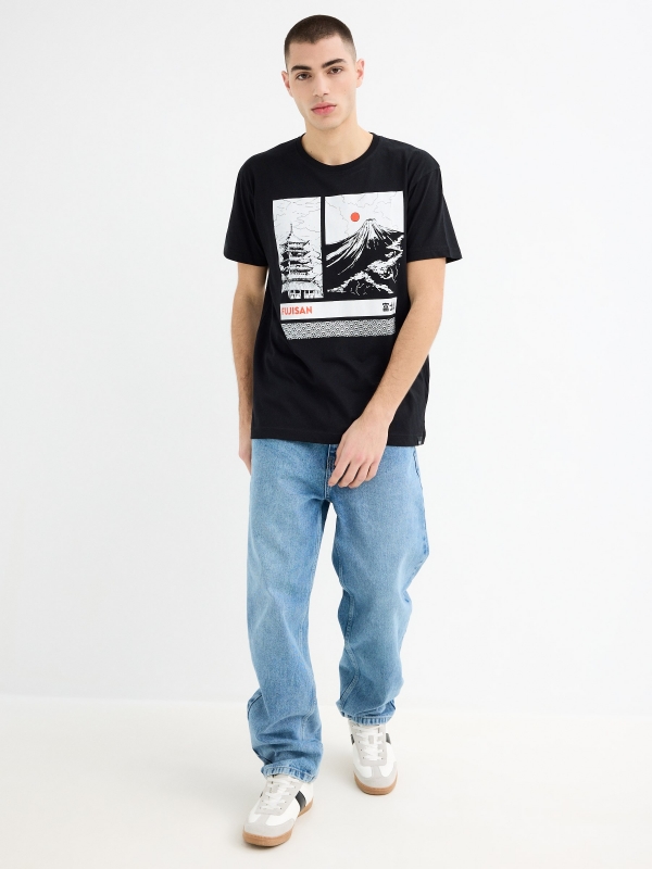 Camiseta manga corta estampado oriental negro vista general frontal
