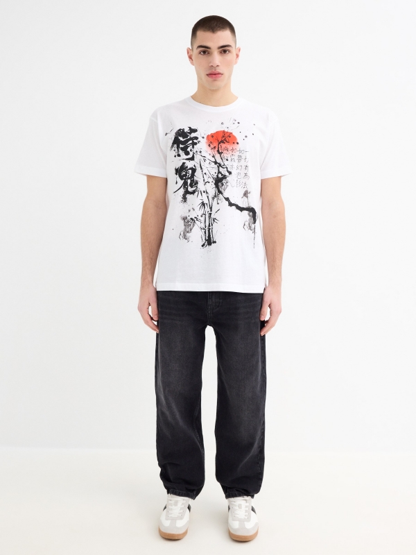 Short-sleeve t-shirt with oriental print white general front view