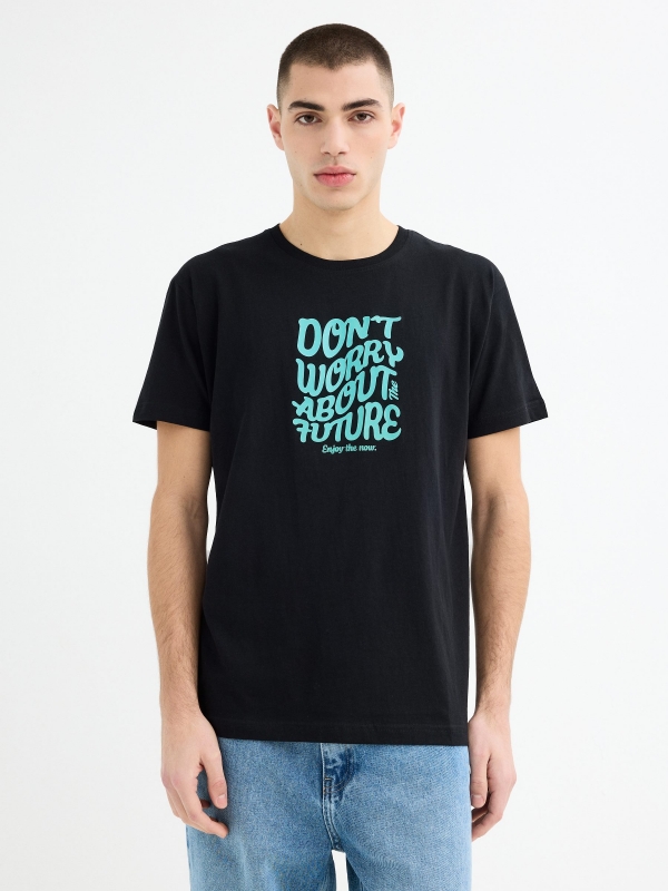 Short sleeve t-shirt text Don't Worry black middle front view