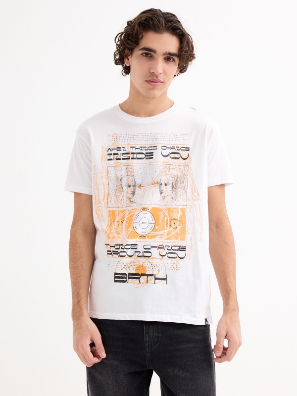 Camiseta estampado metaverso blanco vista media frontal