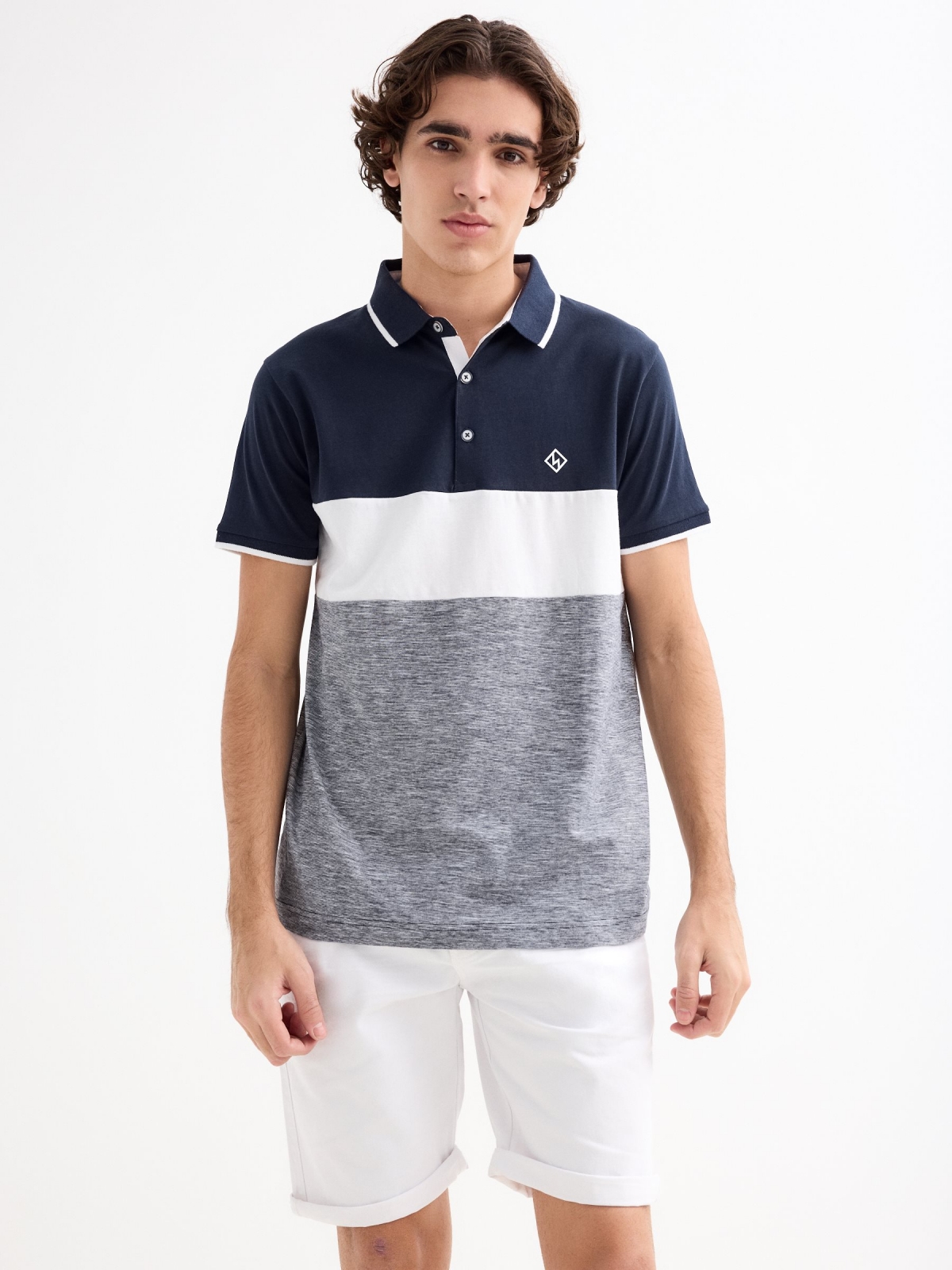 Sailor colour block polo shirt navy middle front view