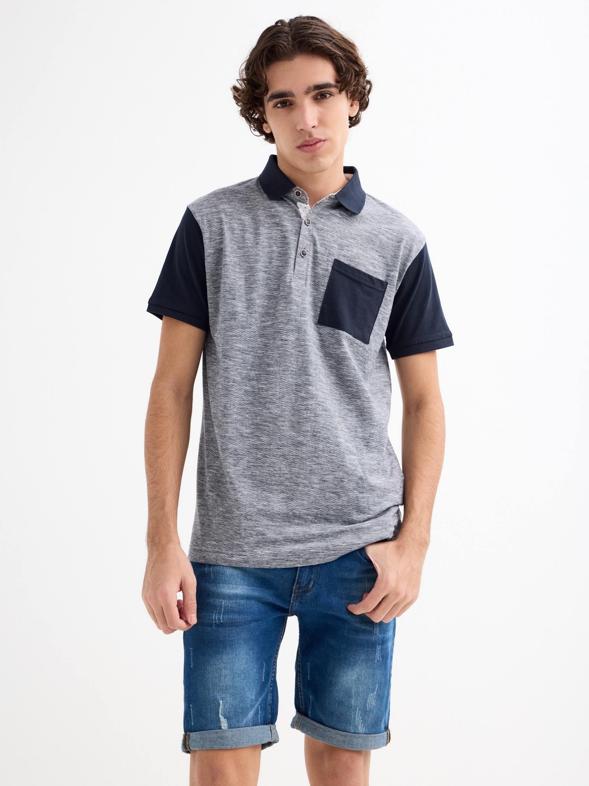 Polo shirt with contrast pocket blue middle front view