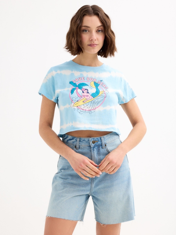 Tie dye surfing mermaid t-shirt blue middle front view